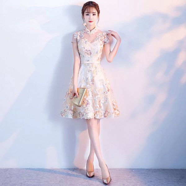 

2019 new chinese girls evening dress lace short qipao women flower cheongsam vistidos bride wedding dress gown -xxxl, Red