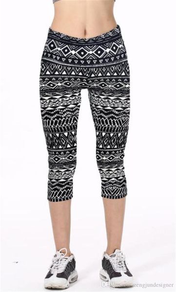 

womens sports designer leggings mid calf floral print mid waist summer female clothing fashion style casual apparel, Black