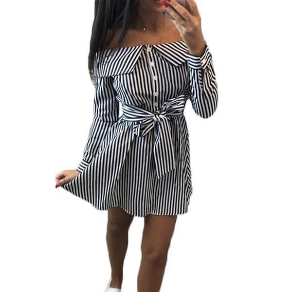 

womens clothing womens dress black striped long sleeve shirt summer dress women 2019 slash neck off shoulder mini dress vestidos, Black;gray