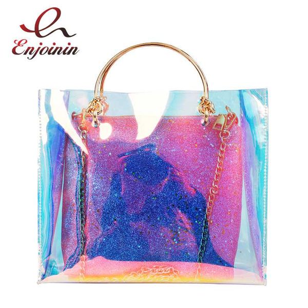 

metallic handle laser colorful pvc fashion women purses and handbags casual totes shoulder chain bag crossbody messenger bag