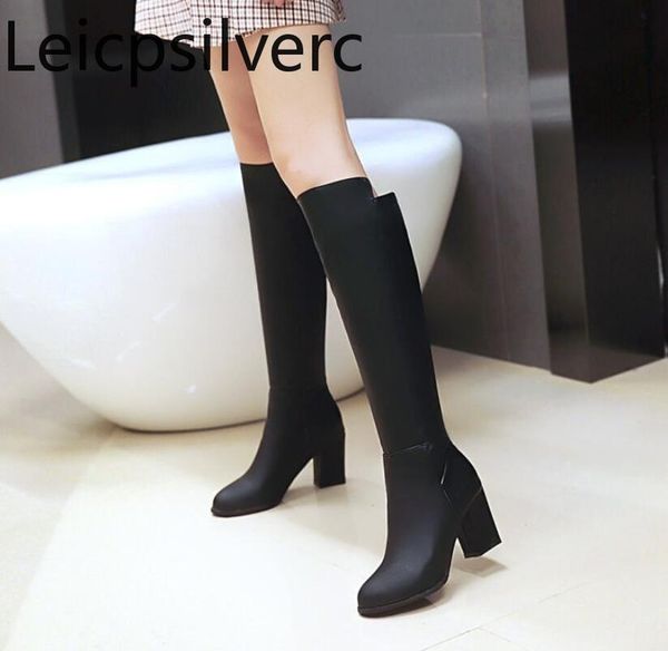 

women's boots winter the new fashion solid round head thick heel high heel high tube women's shoes plus size 32-43, Black
