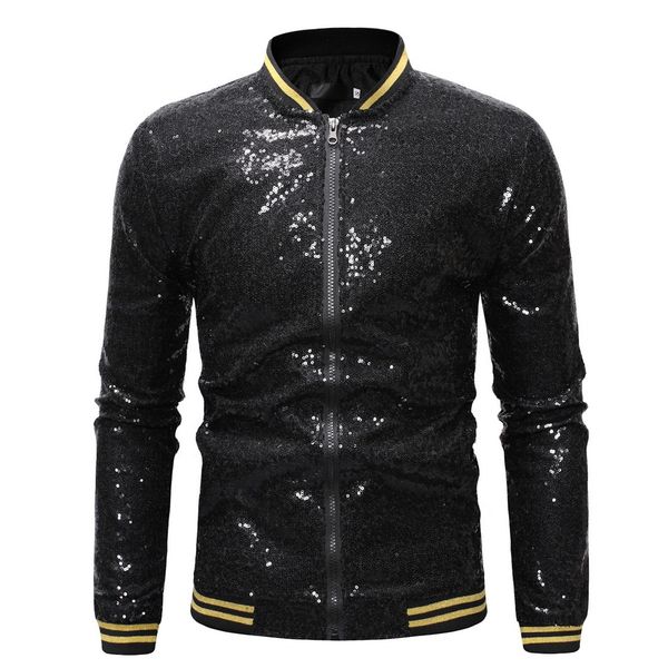 

adisputent 2019 new men's shiny sequins zipper party nightclub baseball bomber jacket dance wear zipper cardigan jacket, Black
