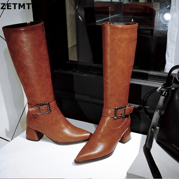 

zetmtc large size 32-43 women knee high boots buckle with zip retro women's motorcycle boots thick fur warm winter, Black