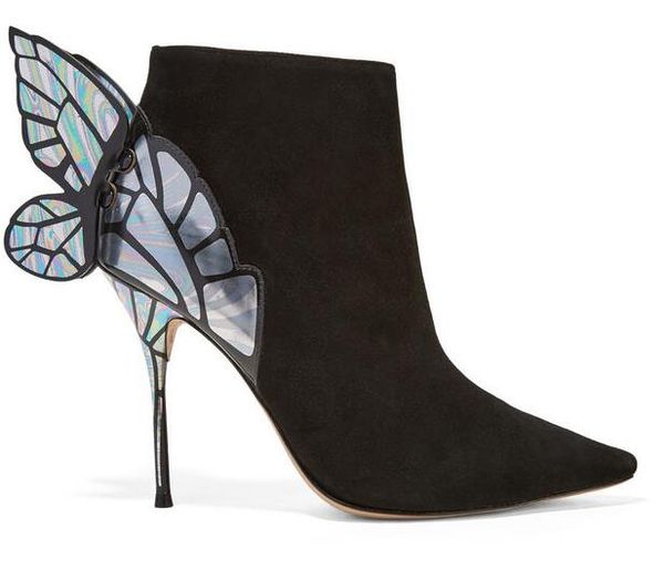 

sophia webster women's flock leather boots, blade wings decorated with fine heels martin boots, size: 34-42, black