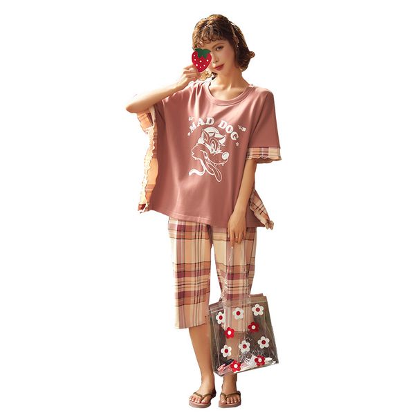 

summer pyjama 's pajamas set cute dog pattern sleepwear round neck nightwear fashion pijama cartoon 2pcs underwear, Black;red