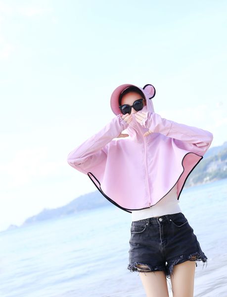 

2019 new style coat cycling college style uv breathable outdoor cute rabbit eared large brim sun protection clothing, Tan;black
