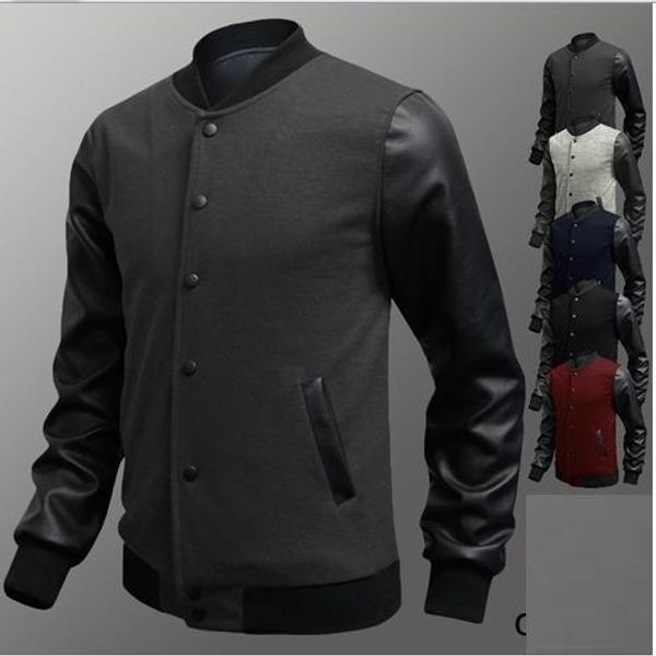 

pu leather sleeve hoodie men patchwork design cardigan matching color single breasted pocket casual long sleeve mens hoodie ing, Black