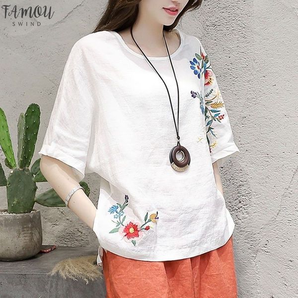 

ethnic 100% cotton floral embroidery blouse women batwing sleeve loose summer o neck vintage white tees ladies clothes