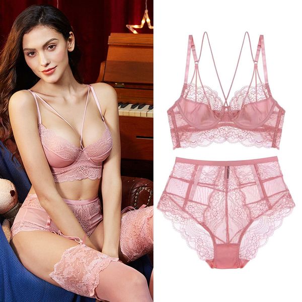 

new european and american high waist ultra-thin gathered adjustable lace back bra set womens pink underwear, Red;black