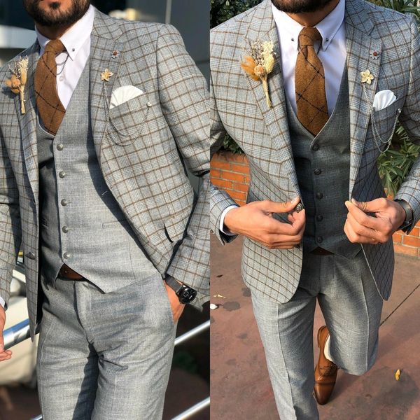 

custom made mens suit 2020 wedding tuxedos plaid man suits groom wear tweed tuxedos 3 pieces suits (jacket+pants+vest), Black;gray
