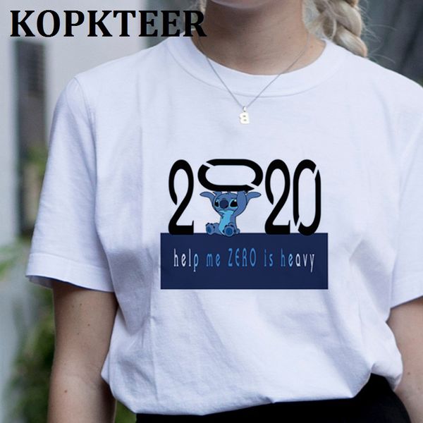 

stitch happy new year 2020 print summer vintage t-shirt for women casual white tshirt women's t shirt kawaii female