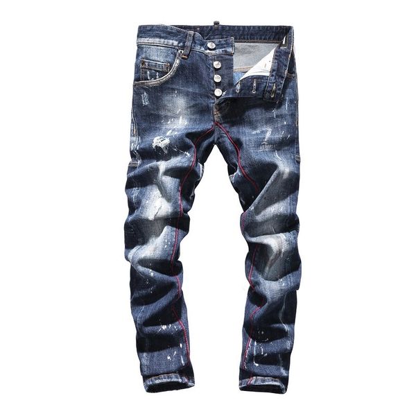 

men jeans washed distressed flowers patchwork stretch men denim jeans retro embroidery cuffs denim pants straight, Blue