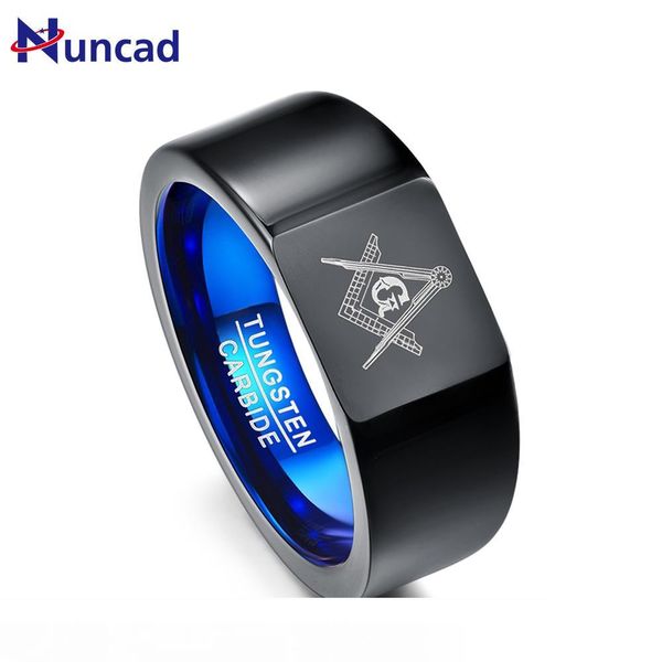 

nuncad retro big head style tungsten carbide rings vacuum plating black with blue rings laser masonic sign tungsten ring t076r, Golden;silver