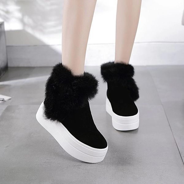 

genuine leather boots women winter warm rabbit fur sneakers platform snow boots women 2019 ankle boots female causal shoe, Black