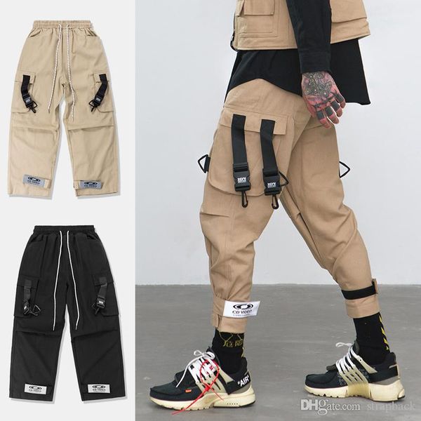 

strapback mens black khaki loose fit elastic waist cargo pants street ankle banded pants large pockets casual pants fashion cargo trousers
