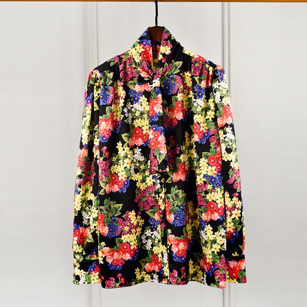 

brand designer women floral blouse 2019 spring summer fashion stand collar flowers printed long sleeve chiffon shirts party office, White