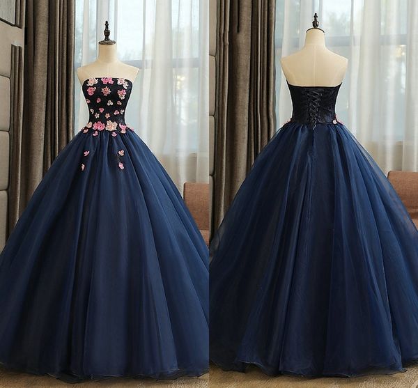 

pink hand made flowers lace quinceanera dresses prom long 2020 strapless corset back draped tulle sweet 16 dress vestidos de novia party, Blue;red
