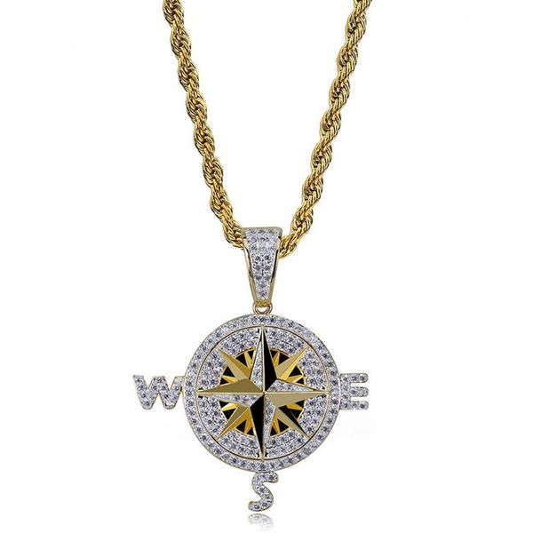 

luxury glaring zircon pendant necklaces exquisite trendy fashion men women 18k gold plated compass hip hop necklaces, Silver