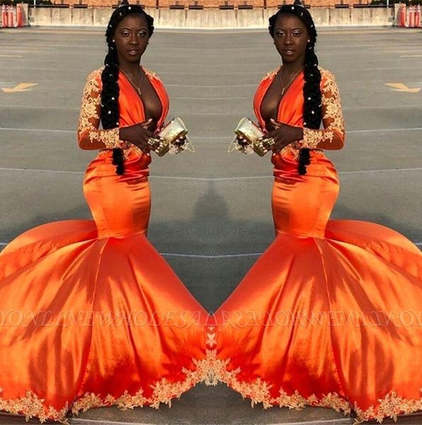 

orange long sleeves mermaid prom dresses 2020 black girls deep v neck lace applique sweep train evening gowns bc1058