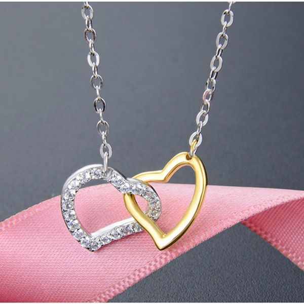 

double heart-shaped interlock clavicle short necklace 925 sterling silver necklace for women collares