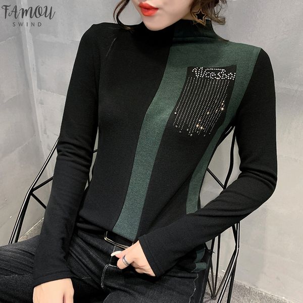 

fashion european clothes shiny tees color blocking diamonds t shirt women 2020 autumn winter bottoming shirt t9n713, White