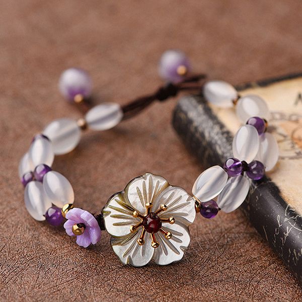 

shell ethnic exotic bracelet natural crystal stone beaded bracelet vintage floral, Black