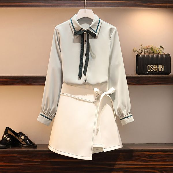 

plus size suit 2020 spring summer elegant women chiffon shirt +irregular lace-up skirt office lady skirts sets 2-piece set, White