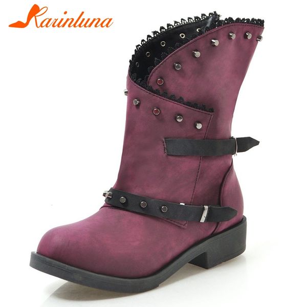

karin new fashion ladies chunky heels short boots women shoes woman rivet shoes woman casual boots female big size 34-43, Black