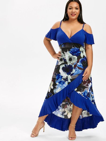 

wipalo plus size fashion open shoulder color block flounce dress high low ruffle spaghetti strap ankle-length summer dress 5xl, Black;gray