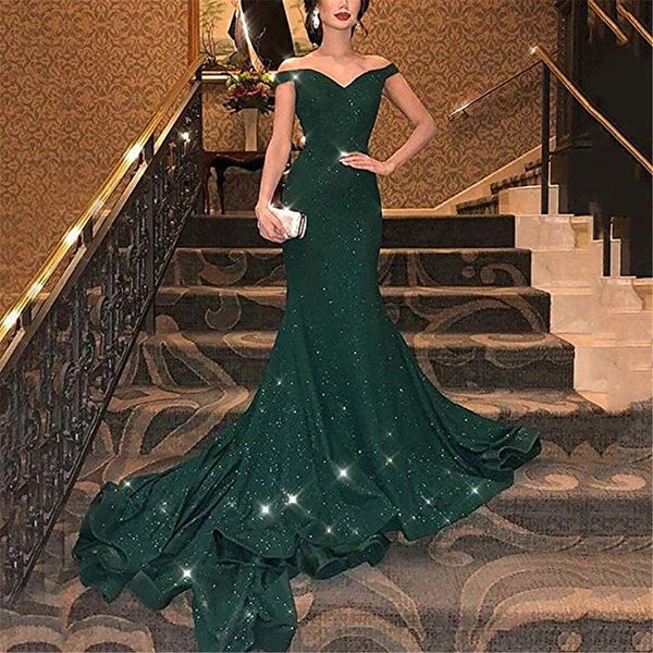 

sparkly dark green mermaid glitter evening dresses sweep train off shoulder dubai prom dress formal gowns, Black;red