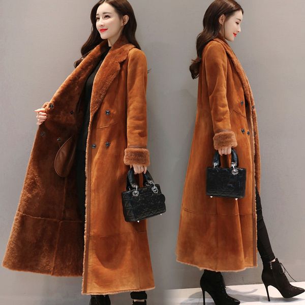 

plus size xxxl suede winter jacket women elegant plus velvet thicken long coat women parkas warm overcoat manteau femme c5851, Black