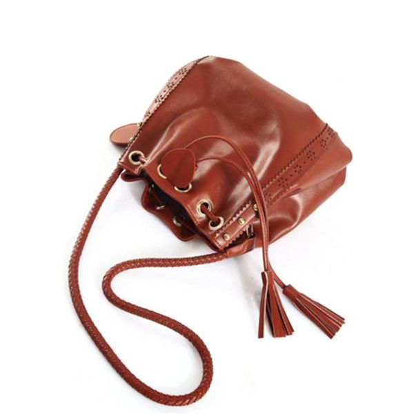 

fashion lady beautiful messenger bags drawstring shoulder bag pu leather hollow flower crossbody bags with tassel brown