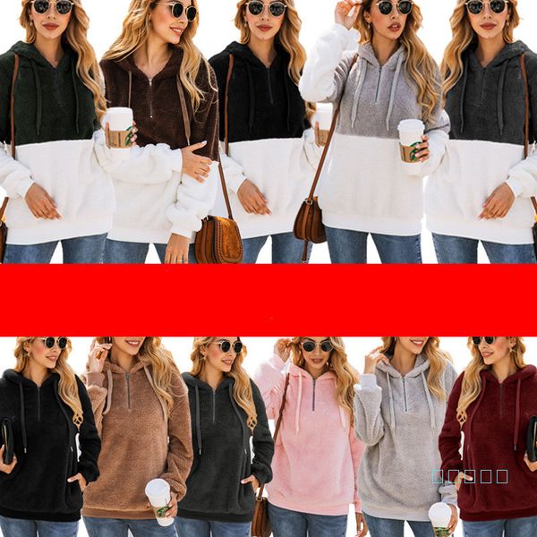 

sherpa women pullover hoodies casual zipper pocket fleece sweatshirts full sleeve hooded sweaters winter choker berber zip fur cloth c92608, White