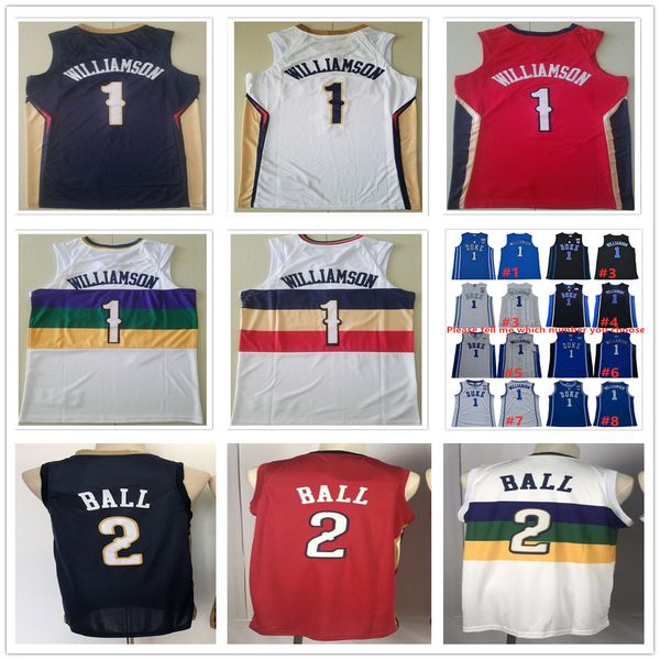 

sewed men youth kids zion 1 williamson jerseys college basketball 2020 new blue red white lonzo 2 ball shirts shorts, Black;red