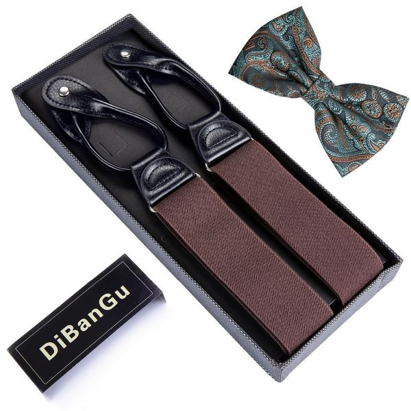 

dibangu brown mens suspenders leather 6 buttons brace strap bowtie set suspensorio adjustable bow tie bd506-lj058, Black;white