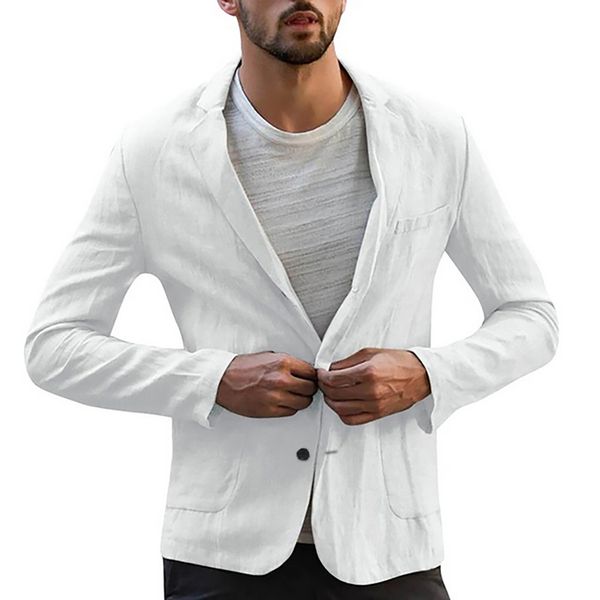 

heflashor 2019 men slim fit linen blend blazers business suit solid business suit autumn long sleeve male blazer jacket outwear, White;black