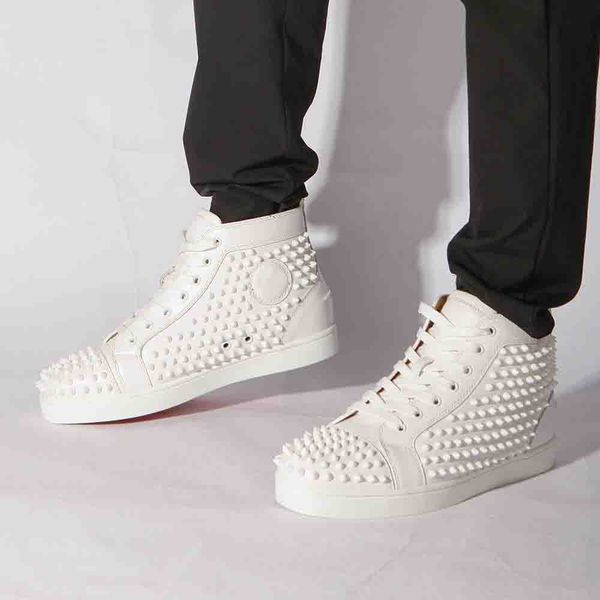 

luxury red bottom stuff spiked men sneakers high flats,classic white black full rivets genuine leather party casual shoes red soles