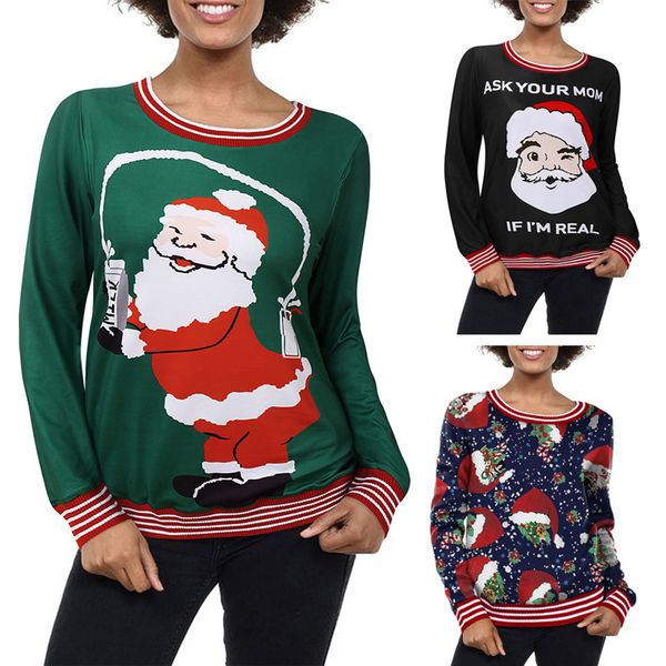 

fashion women pullover crew neck long sleeves cute father christmas print casual club party christmas festival sweatshirts for ladies, Black