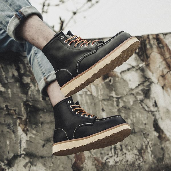 

genuine cow leather round toe men shoes vintage ankle boots winter snow warm tooling desert motorcycle boots, Black