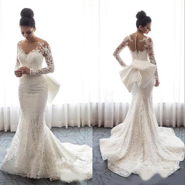 

2020 sheer long sleeves lace mermaid wedding dresses tulle applique wedding bridal gowns with detachable skirt robe de mariÃ©e, White