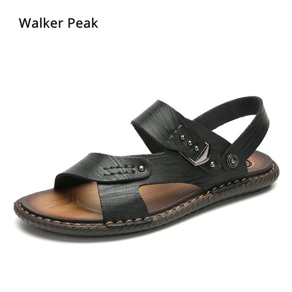 

men beach sandals light casual soft bottom male summer shoes genuine leather outdoor sandals 2019 mans footwear shoes walkerpeak, Black