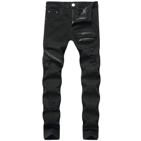 

fashion men's jeans 2020 new hip hop style men's casual jeans zipper three-color selected black white red ripped zipper straight, Blue