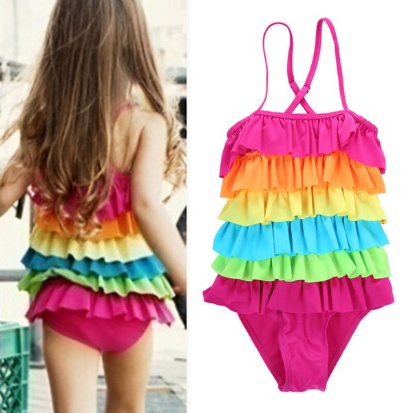 

casual toddler kids girls rainbow swimwear 2020 new arrival cute layered swimsuit one-piece bikini swimming costume bathing suit