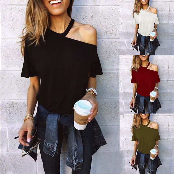 

women one shoulder halter girls tshirt white short sleeve solid ladies tshirts 2020 summer fashion casual t shirts tee