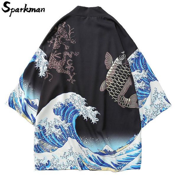 

mens harajuku ukiyo fish print kimono cardigan jackets 2018 autumn japanese style casual streetwear jacket coat summer thin gown, Black