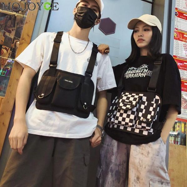 

мода черный и белый плед грудь сумка мужчины женщины hip hop streetwear мужчины tactical chest rig вест wait пакеты bum bag t200521