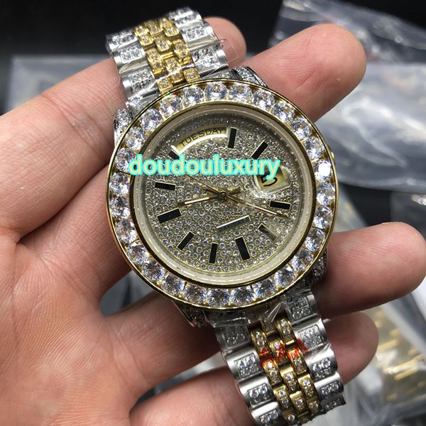 

Bi-gold iced men's diamond watches top fashion luxury brand watches hip hop rap style automatic mechanical watch free shipping