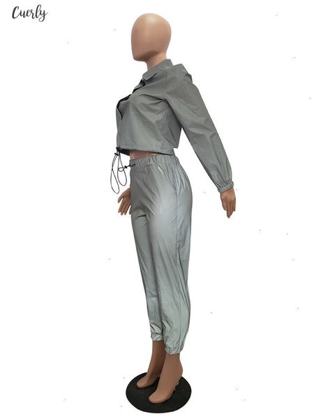 

women reflective tracksuit night version buttons turn down collar long sleeve crop casual pants two piece set, White