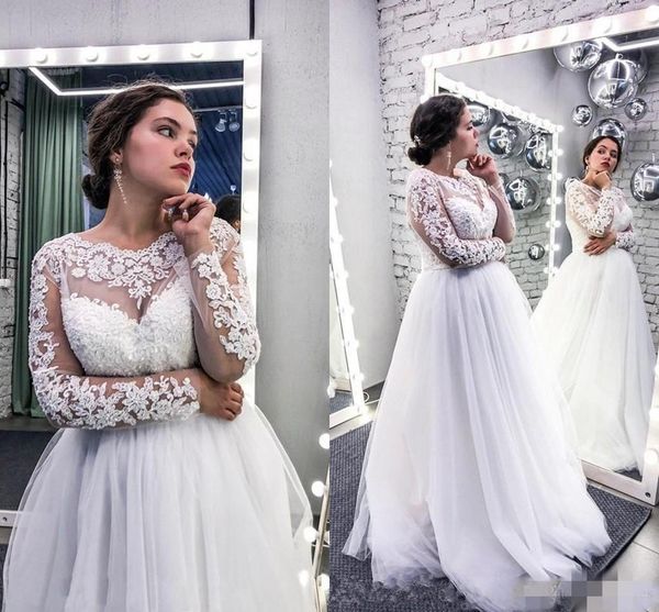 

elegant plus size wedding dresses lace applique jewel long sleeves illusion floor length a line country wedding gown vestido de novia sale, White