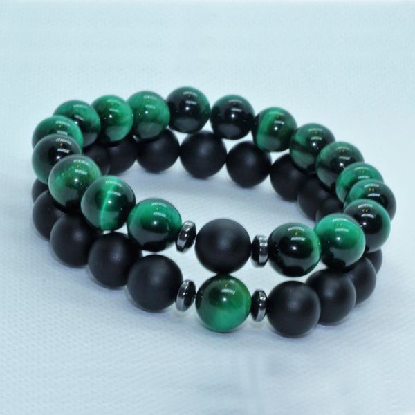 

green tigers eye and matte onyx bracelet set for men mala beads stretchy bracelet 2pcs/set stackable, Golden;silver
